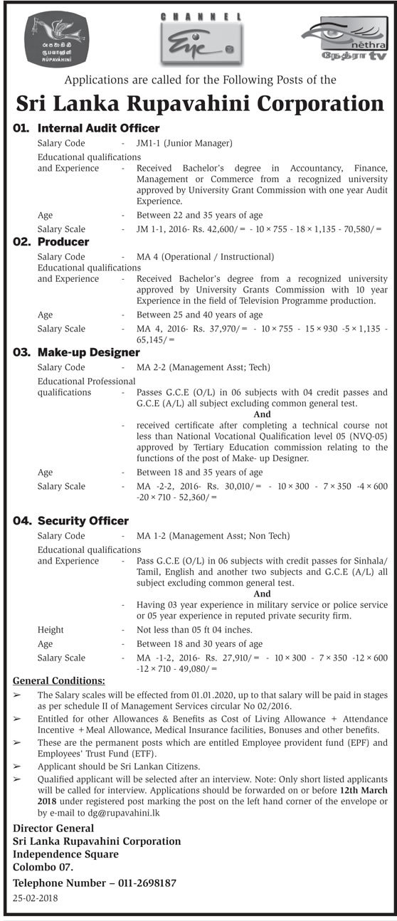 Internal Audit Officer, Producer, Meke-up Designer, Security Officer - Sri Lanka Rupavahini Corporation